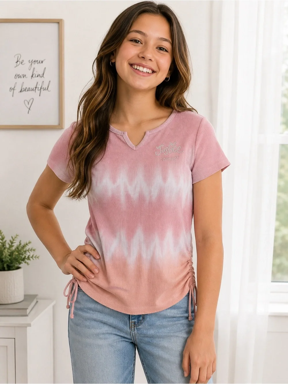 Justice Pink Tie-Dye Ribbed Tee XL Girls Short Sleeve Side Ruched Top